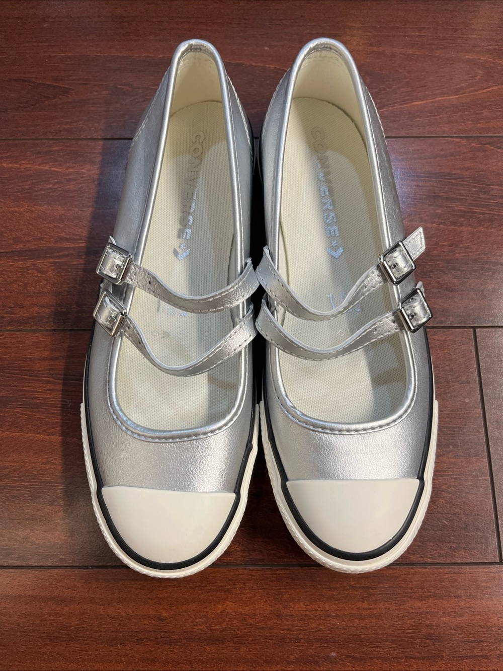 Womens 8 Converse Dainty Mary Jane OX Slip On Silver Leather A12201C HALF BOX - Picture 13 of 16
